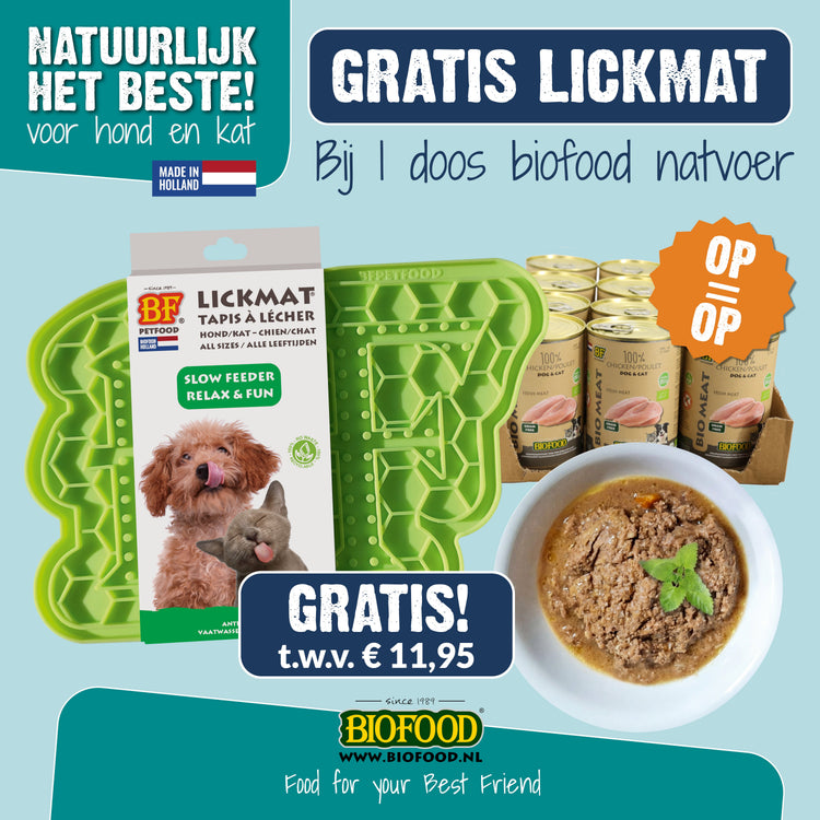Ontvang een gratis BF Lickmat bij jouw biologische vleesvoeding!